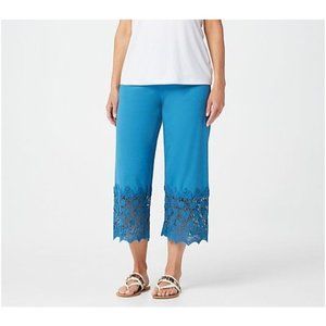 LOGO by Lori Goldstein Knit Crop Pants with Crochet Detail Turquoise Size S